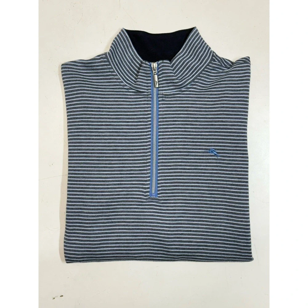 Tommy Bahama Black Gray Striped Quarter Zip Sweater Front Pockets Size Small Men